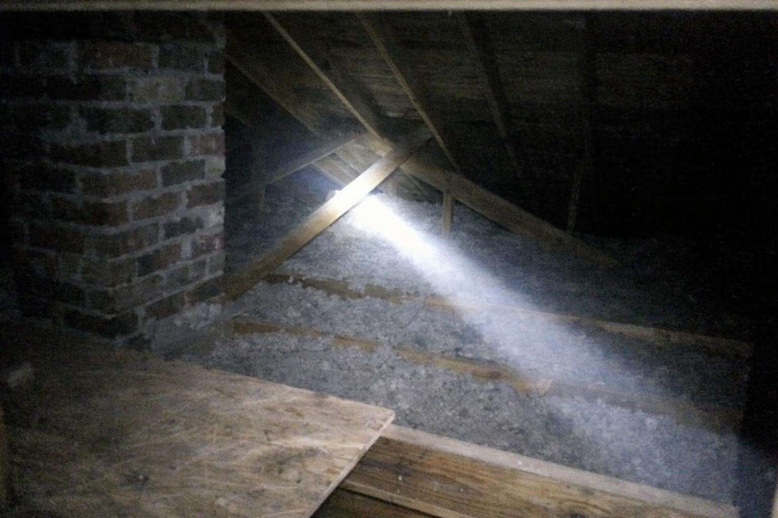 A flashlight beam thrown across the bare rafters and loose insulation of a dark attic