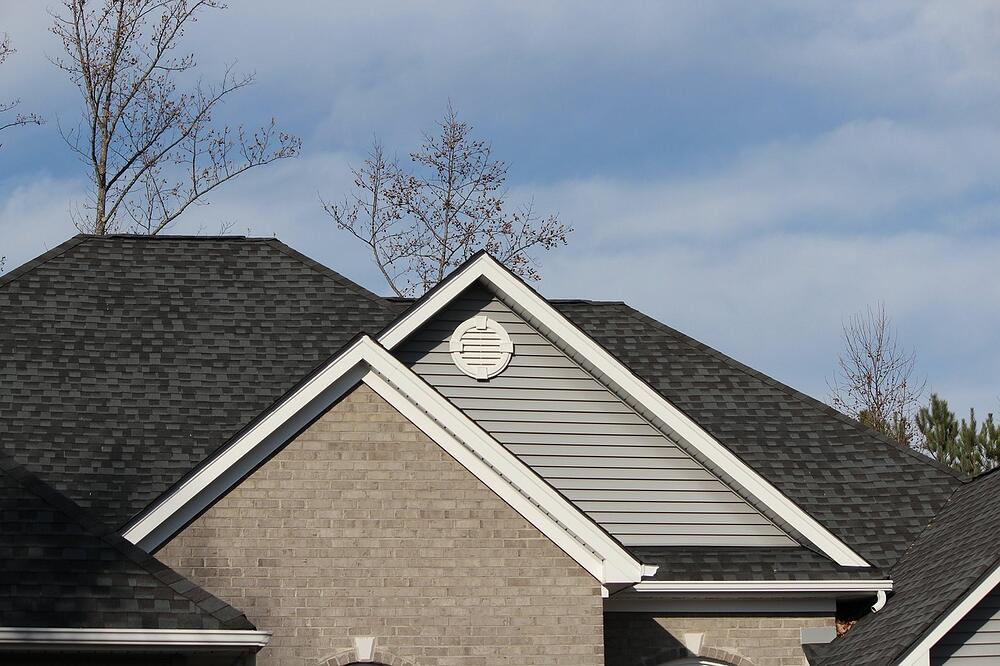 A gable vent in a shingled roof end, the opening a roof rat uses when the screen fails